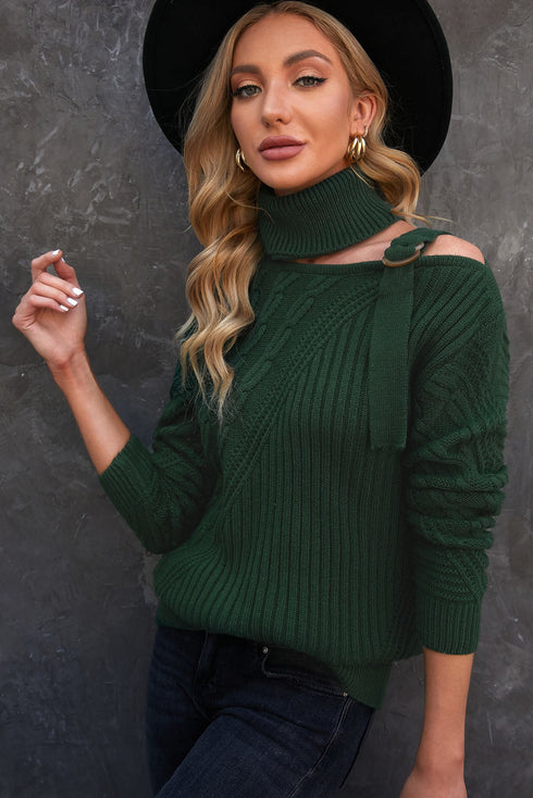 Strapped Cut Out Shoulder Turtleneck Sweater